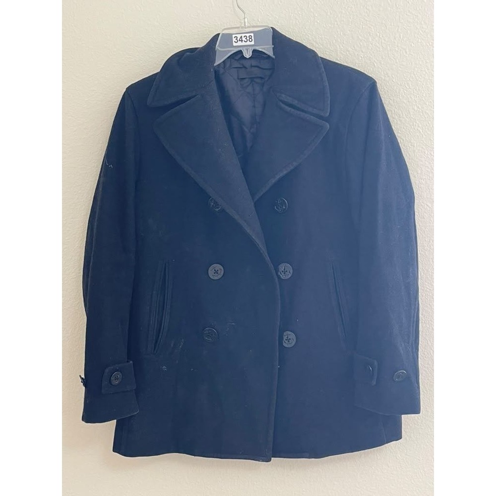 Uniqlo Mens Navy Blue Wool Blend Double Breasted Anchor Button Pea Coat 156373